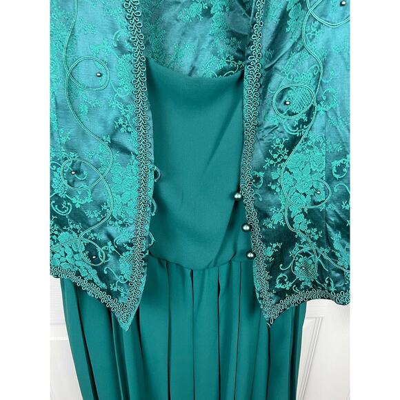 Vintage Green Formal Evening Wedding Dress Jacket Set Brocade Holidays 16/18 - Picture 9 of 11